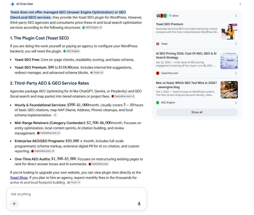 Google AI Overview answering 'how much do AEO and GEO services cost' — showing pricing tiers from $500/mo foundational up to $10,000+/mo enterprise, with eleven cited third-party sources on the right.