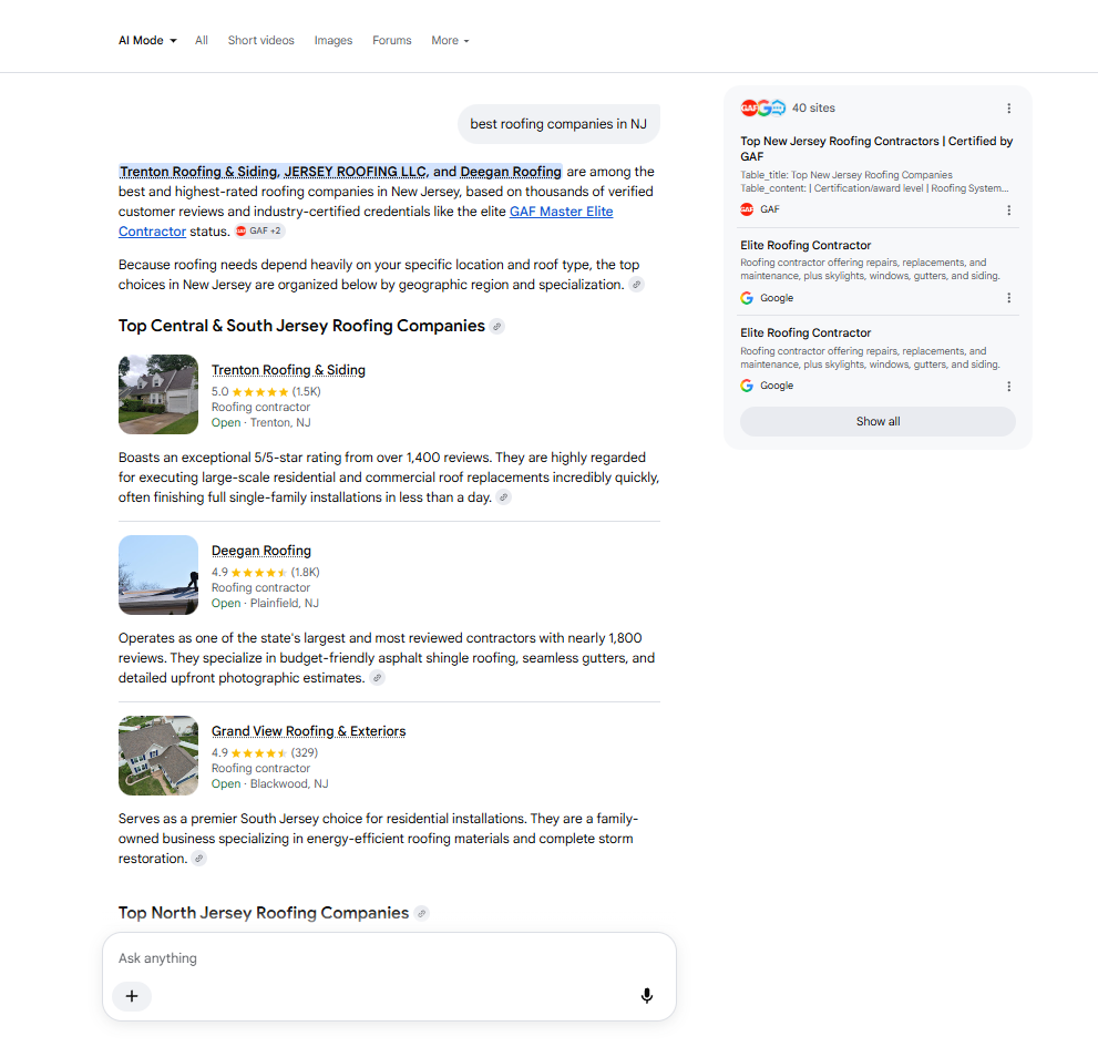 AI Mode · Featured answer — Trenton, Jersey Roofing, Deegan