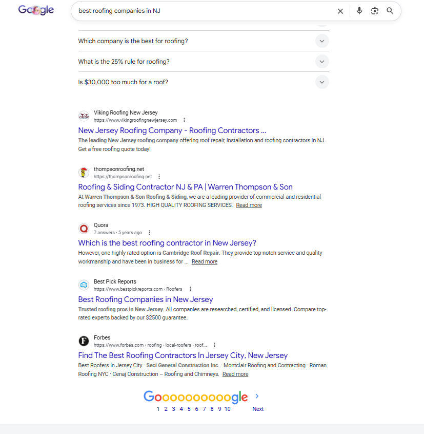 Google · Page-one tail — Viking, Thompson, Quora, Forbes